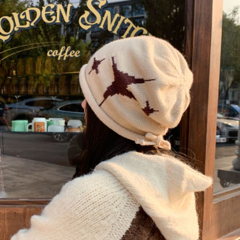 新款卷边堆堆帽女星星毛线帽子女护耳保暖抽绳针织帽显脸小包头帽
