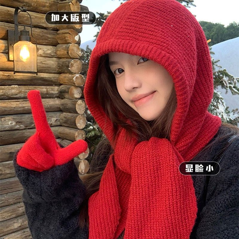 新款巴拉克拉法帽女秋冬保暖毛线帽子红色围巾一体连帽围脖针织帽,淘宝优惠券,粉丝福利购,淘宝优惠卷