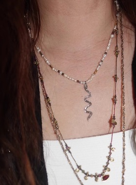 银蛇.满镶天然钻石925银吊坠与珍珠项链