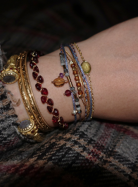 石榴石与红蓝宝/碧玺 8股彩色编绳金色流苏珍珠双层手链