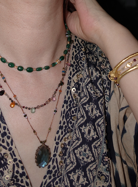 水滴碧玺与烟晶石榴石多元素可调节编绳项链