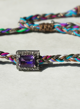 三色.宝石级紫水晶与天然香槟钻编绳手链