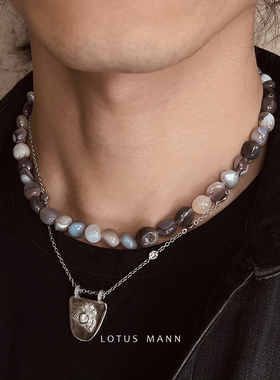 无色裸感 嬉皮文艺不规则灰珍珠博茨瓦纳玛瑙925银项链中性男女