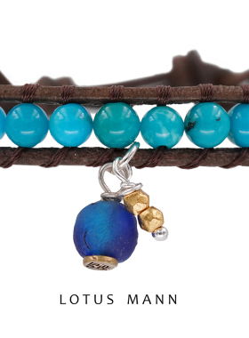 限量优品.天然彩蓝色绿松石与迷你克洛伯吊坠复古烟灰色皮绳手链