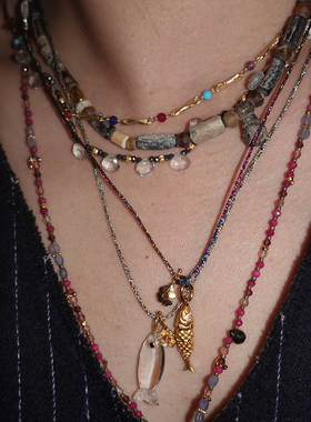 逆流而上 有鱼.银镀金锦鲤小鱼碧玺项链九紫离火6个幸运符金币