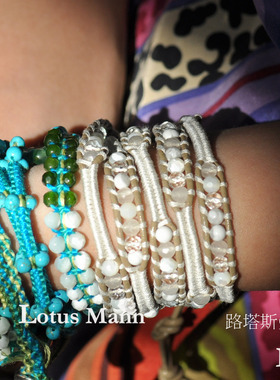 7种宝石.棉织超长绿松石珍珠母贝蓝玉编织项链Lotus Mann