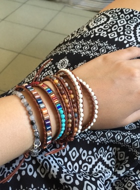 Lotus Mann红溪碧玉两圈天然棕色皮绳手链