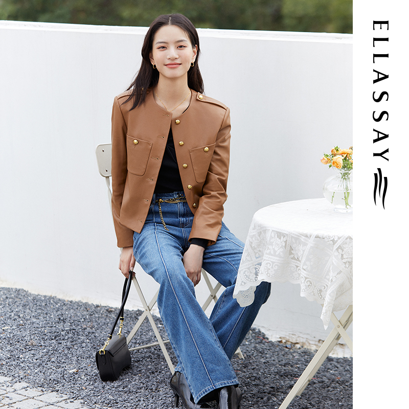 ELLASSAY歌力思秋季夏季新款复古腰链高腰直筒牛仔裤女B-N006