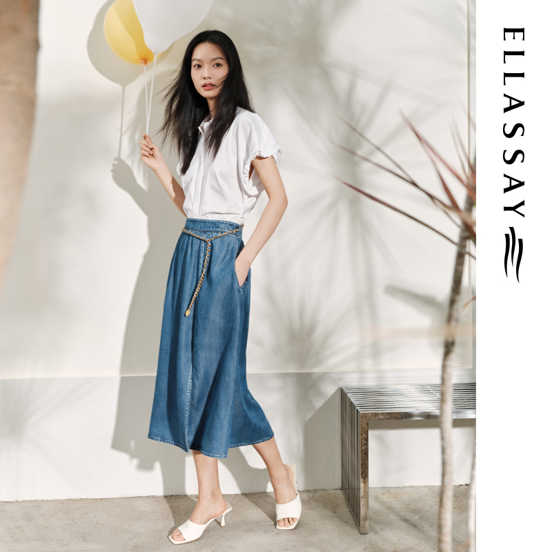 【博主同款】ELLASSAY歌力思春夏新款莱赛尔腰链垂坠牛仔半裙女-图0