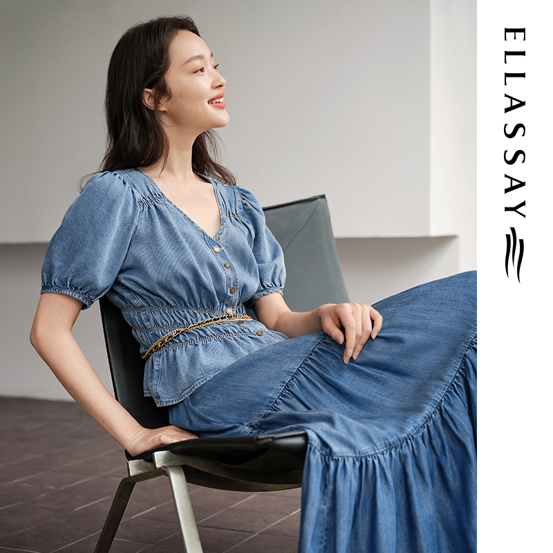 ELLASSAY歌力思春夏新款复古抽褶天丝牛仔衬衫女EWW342N03200-图0