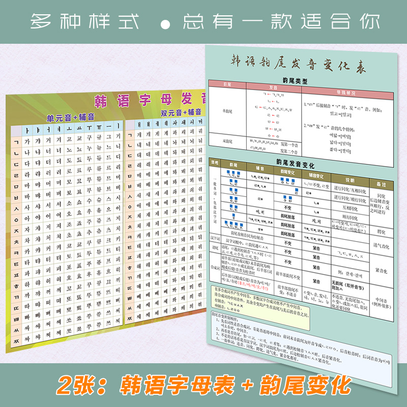 韩语朝鲜语字母罗马发音规则表单双元辅音韵尾收音贴纸贴图墙挂图 - 图0