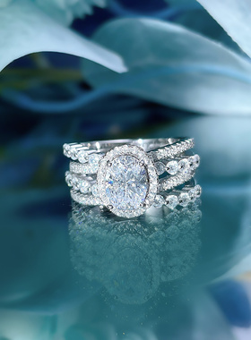 莫桑钻足银999银纯银进口蛋形戒指1.5克拉网红个性排钻