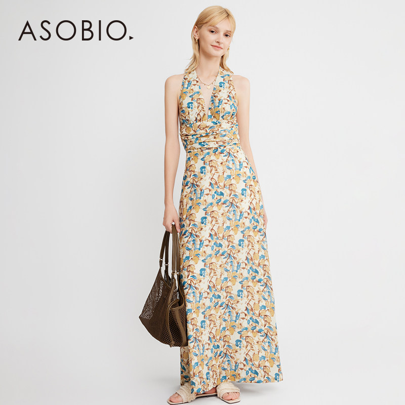 Asobio碎花无袖长裙挂脖系带连衣裙夏季亚麻垂感简约度假风137,淘宝优惠券,粉丝福利购,淘宝优惠卷