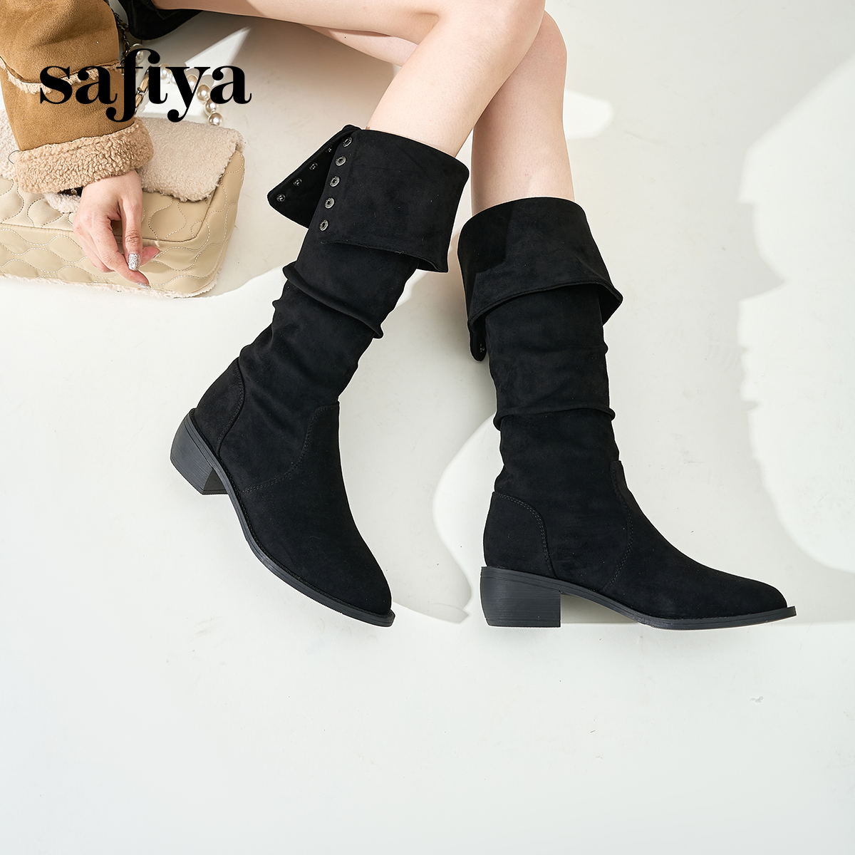 Safiya/索菲娅秋冬绒面弹力遮肉显瘦尖头粗跟休闲百搭长筒西部靴,淘宝优惠券,粉丝福利购,淘宝优惠卷