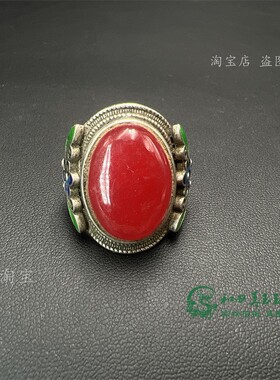 老银藏银镶嵌红宝石戒指时尚个性苗银指环男景泰蓝开口手饰收藏品