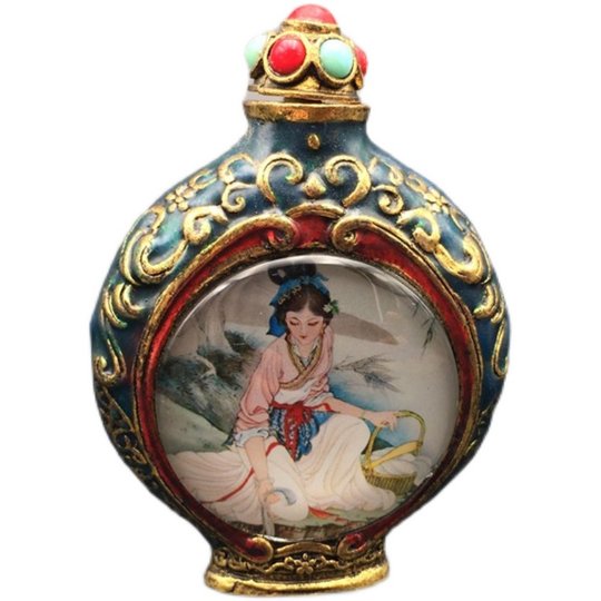 古玩收藏品双面纯铜摆件双面绘画镶宝石鼻烟壶烟具美女内画鼻烟壶