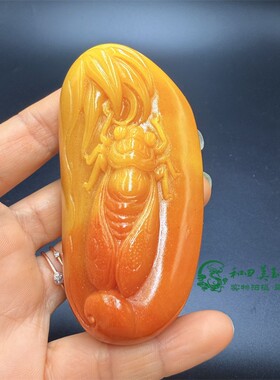 古玩杂项仿黄龙玉雕刻金蝉一鸣惊人手玩件黄龙玉手把件男女款首饰