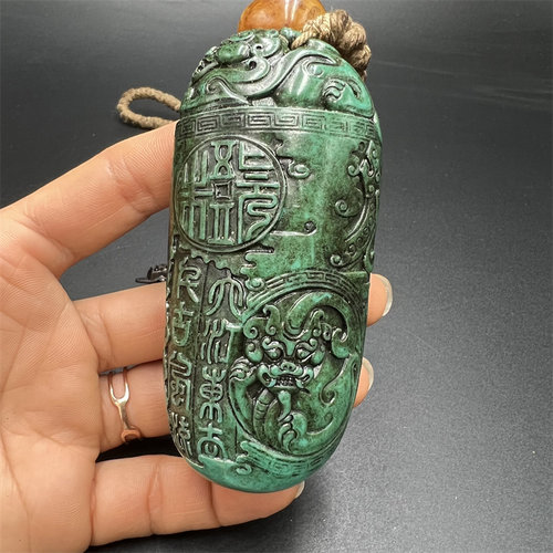 古玩杂项复古包浆仿绿松石雕刻府上有龙手把件手工编织铜钱手把绳 - 图0