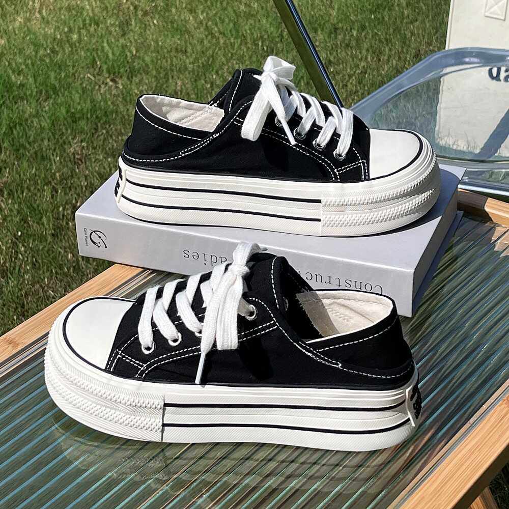 两穿踩跟厚底帆布鞋女2024新款薄款透气增高板鞋外穿一脚蹬懒人鞋,淘宝优惠券,粉丝福利购,淘宝优惠卷