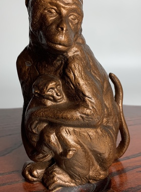 中古日本美术置物 峰寿堂制 南部铁器生肖猴 母子连心干支置物