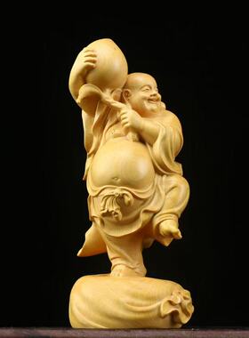 抱桃子弥勒佛雕像实木雕刻皆大欢喜未来佛黄杨木佛像菩萨祝寿摆件