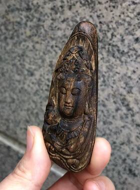 菩萨棋莲花观音沉香雕件木雕吊坠