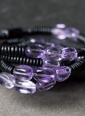 原创小众设计紫水晶木珠多层手链