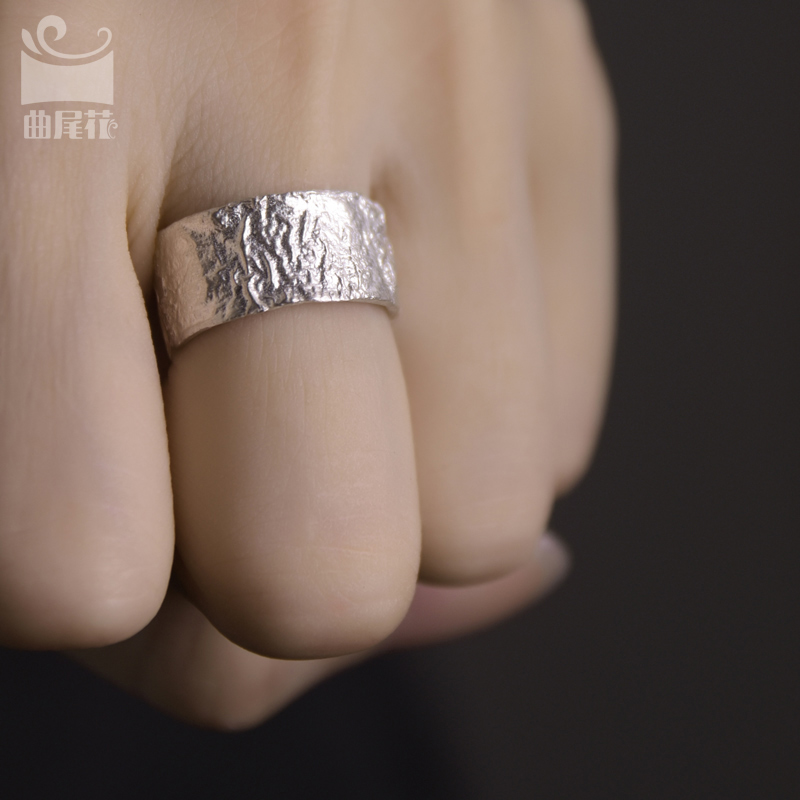 非鱼之家原创个性宽银戒指女 手工开口可调素戒ins肌理磨砂尾戒男 - 图1