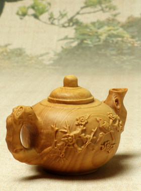 黄杨木雕刻梅花茶壶摆件手把