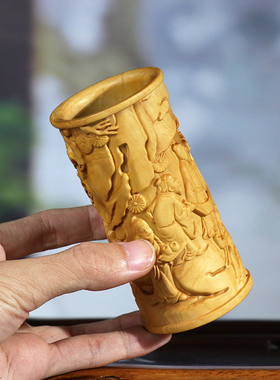 黄杨木雕唐太宗木质笔筒摆件