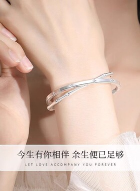 四叶草双环银手镯女闭口竹节白铜镀银镯子个性首饰送女友幸运节