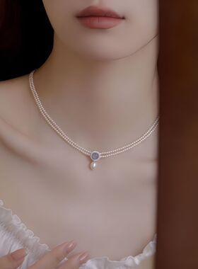 银贝s925天然海蓝宝淡水吊坠极细正圆珍珠项链女爆款双层设计颈链