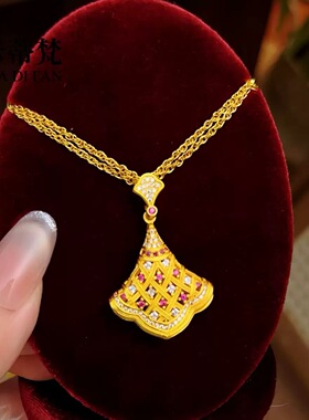金店同款沙金唐韵花颜扇形小裙子耳钉新中式唐宫夜宴耳坠项链套装