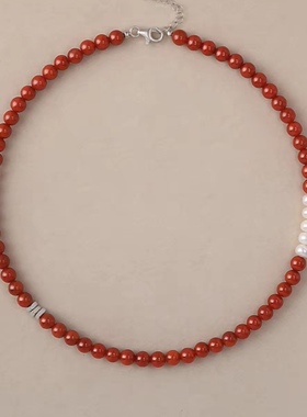 红玛瑙项链天然珍珠红色手串复古手链饰品简约通勤颈链女
