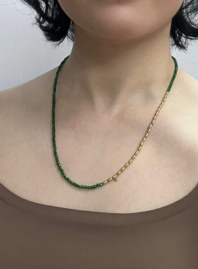 复古绿色天然石水晶拼接金属项链女锁骨链气质叠戴送礼礼盒装520