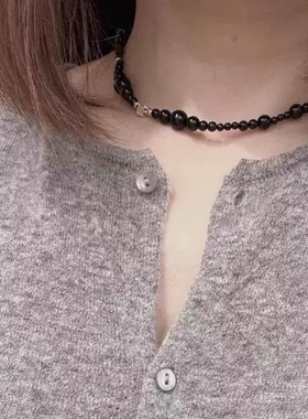 黑玛瑙大中小串珠时尚百搭四季可戴简约气质设计项链毛衣短链
