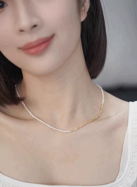FELIX天然淡水米粒珍珠项链女碎金银镀18k轻奢小众