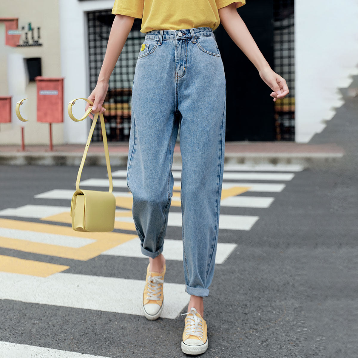 真维斯新品高腰复古女老爹秋休闲裤 真维斯时尚牛仔裤