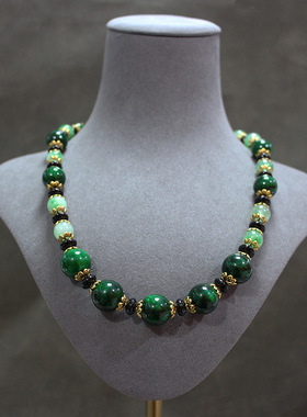 中古首饰Vintage绿色琉璃项链耳夹耳钉套装意大利风回流款首饰