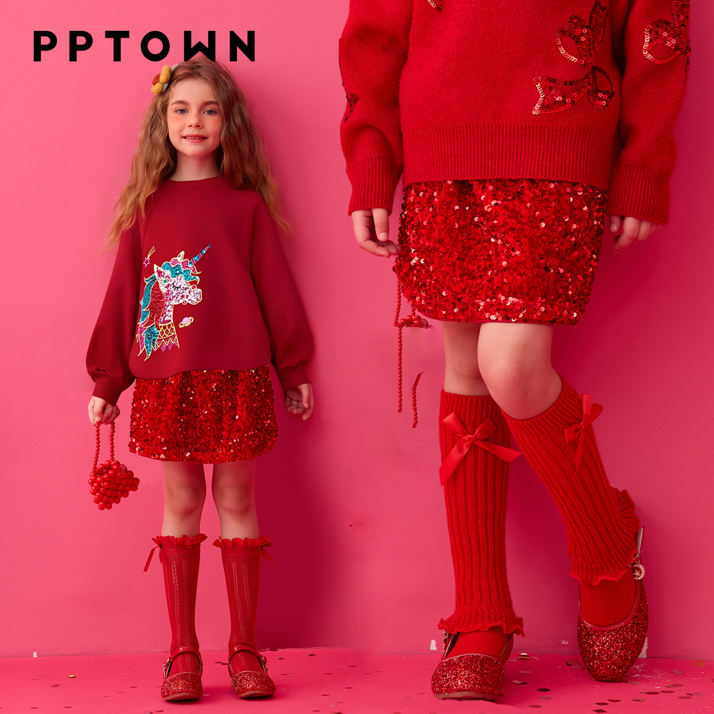 女童红色亮片半身裙冬季新款拜年服儿童新年小裙子小女孩过年短裙,淘宝优惠券,粉丝福利购,淘宝优惠卷