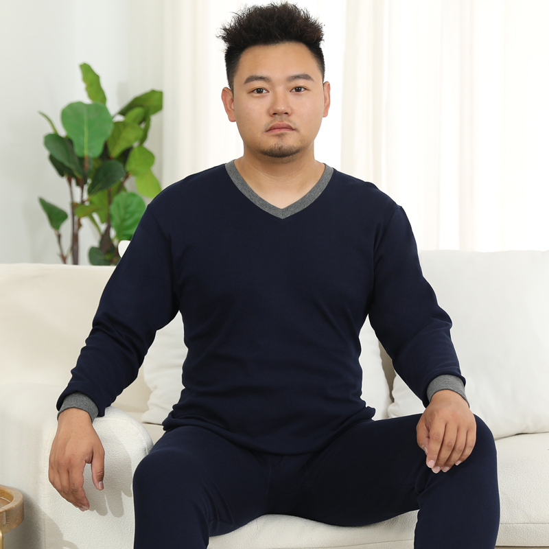 猫人男士V领秋衣秋裤纯棉套装加肥大码爸爸秋冬棉毛保暖打底200斤