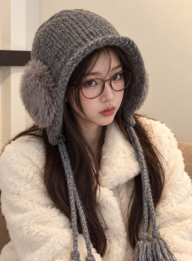 2026新款女大头围保暖护耳毛线帽