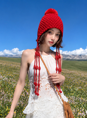 川西红色保暖显脸小针织帽女