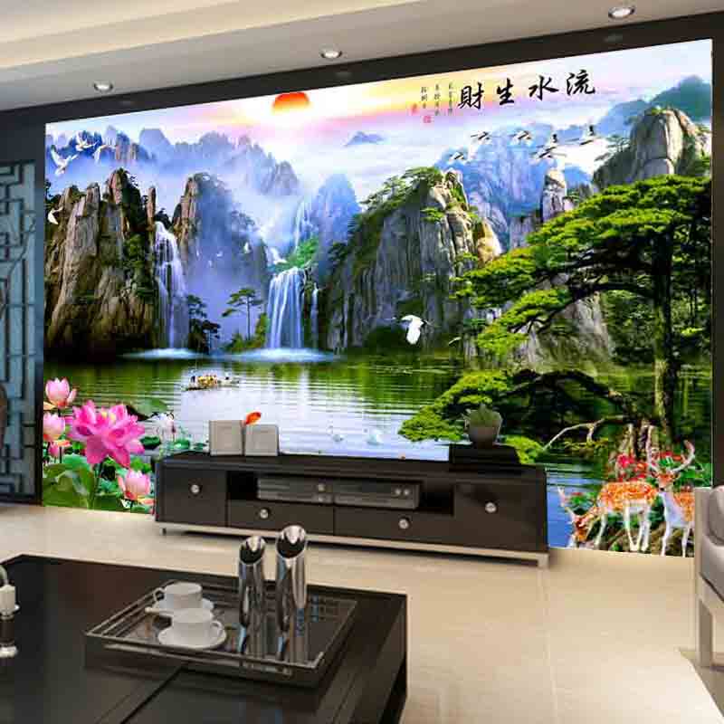 3D立体墙纸中式客厅电视背景墙壁纸8D流水生财山水壁画迎客松墙布_虎窝淘
