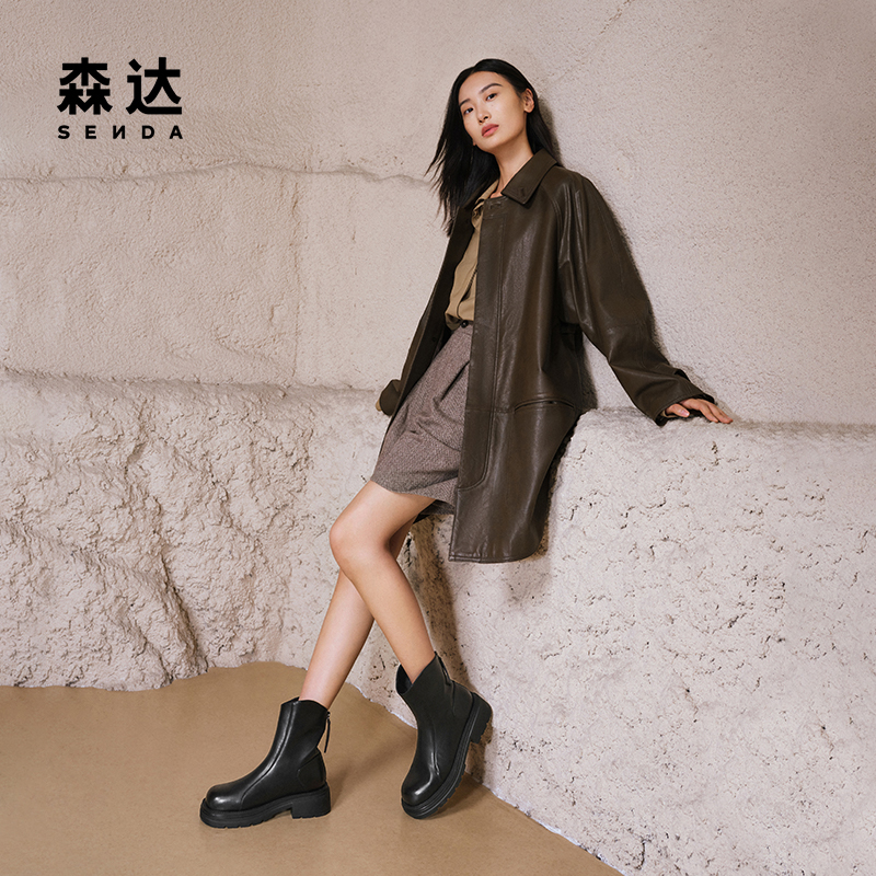 森达弹力靴女靴冬季新款瘦瘦靴厚底增高休闲百搭加绒短靴ZTE25