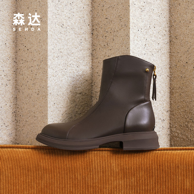 森达弹力靴女靴年冬季商场同款超软显瘦休闲加绒短靴XEH01DD4