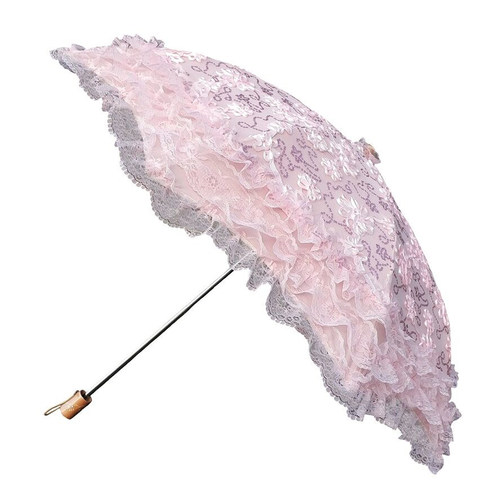 蕾丝刺绣花亮片黑胶二折防紫外线遮阳太阳伞公主晴雨伞洋伞粉红色-图3