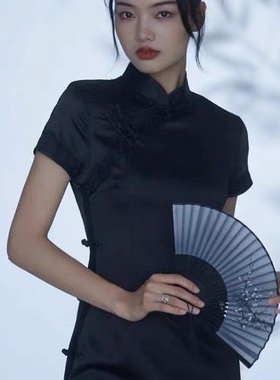 新中式国风复古风潮流旗袍扇子折扇山水扇走秀汉服黑色团扇小扇子