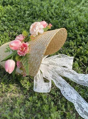 新款田园风婚纱摄影道具影楼外景拍照写真主题时尚创意粘花草帽