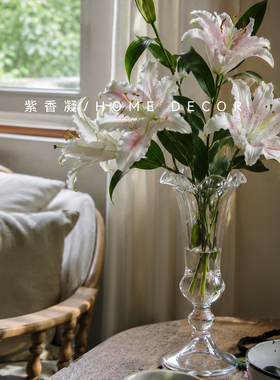 法式中古花边透明玻璃高脚花瓶